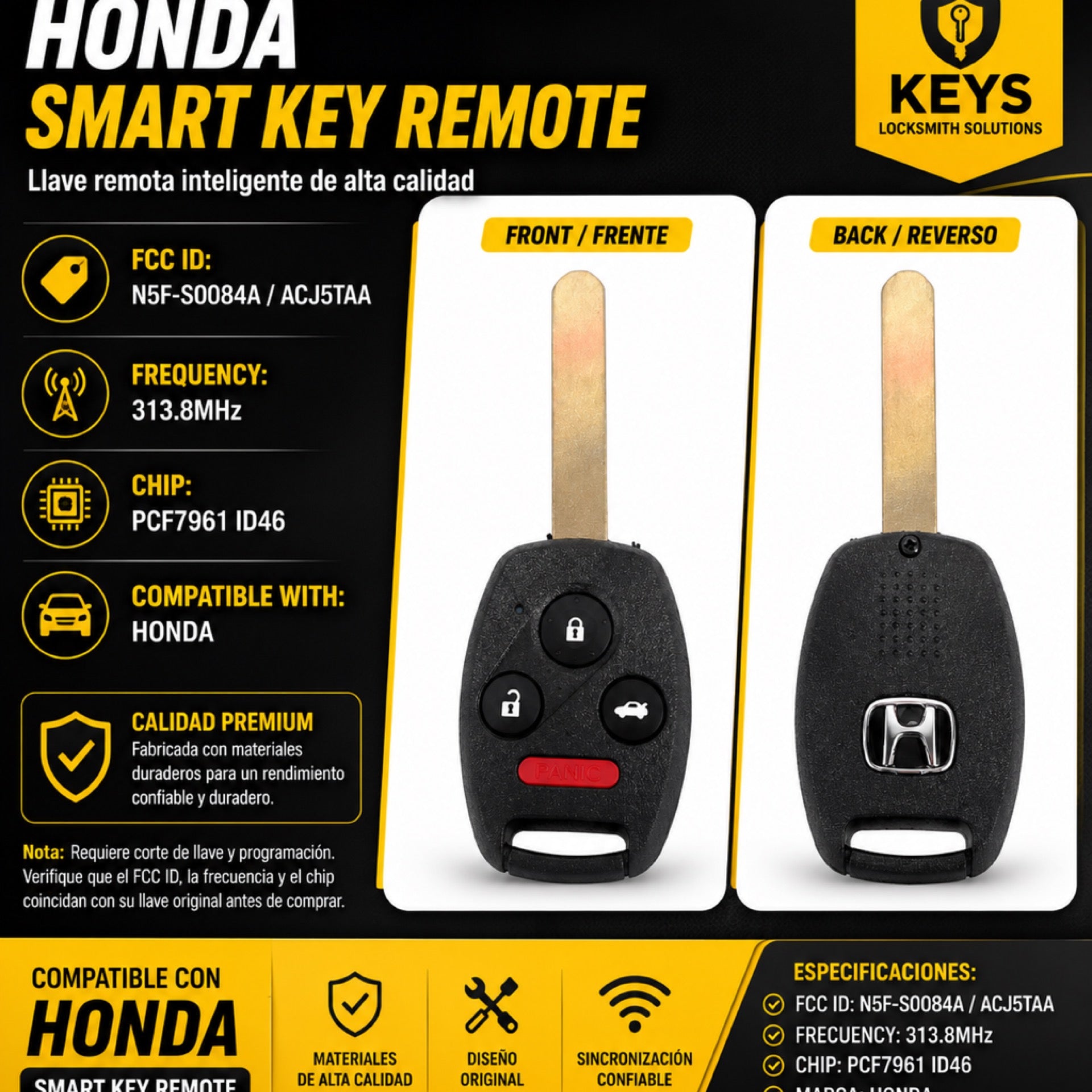 Honda Smart Key N5F-S0084A 313.8MHz ID46 | KEYS LOCKSMITH