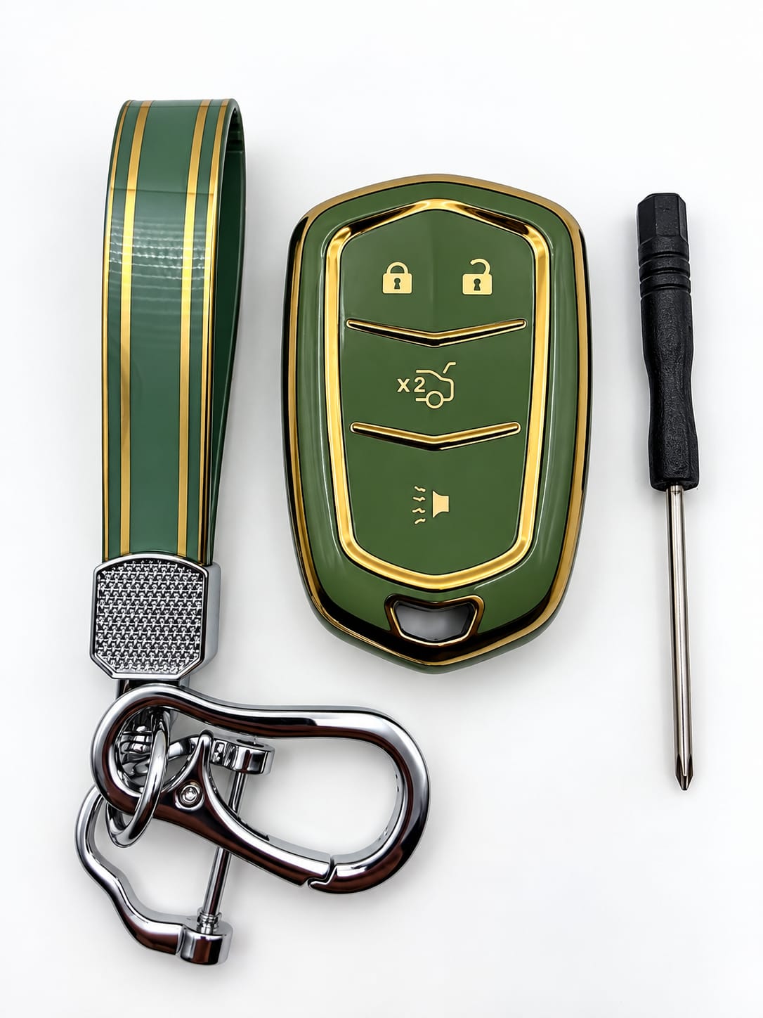 Title:
Cadillac 4-Button Smart Key Fob Cover with Wrist Strap & Keychain