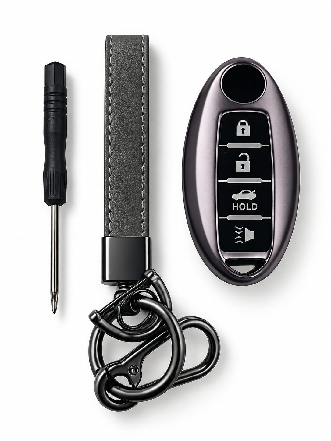 Title:
Nissan 4-Button Smart Key Fob Cover with Wrist Strap & Keychain – Altima, Maxima, Sentra, Rogue, Murano