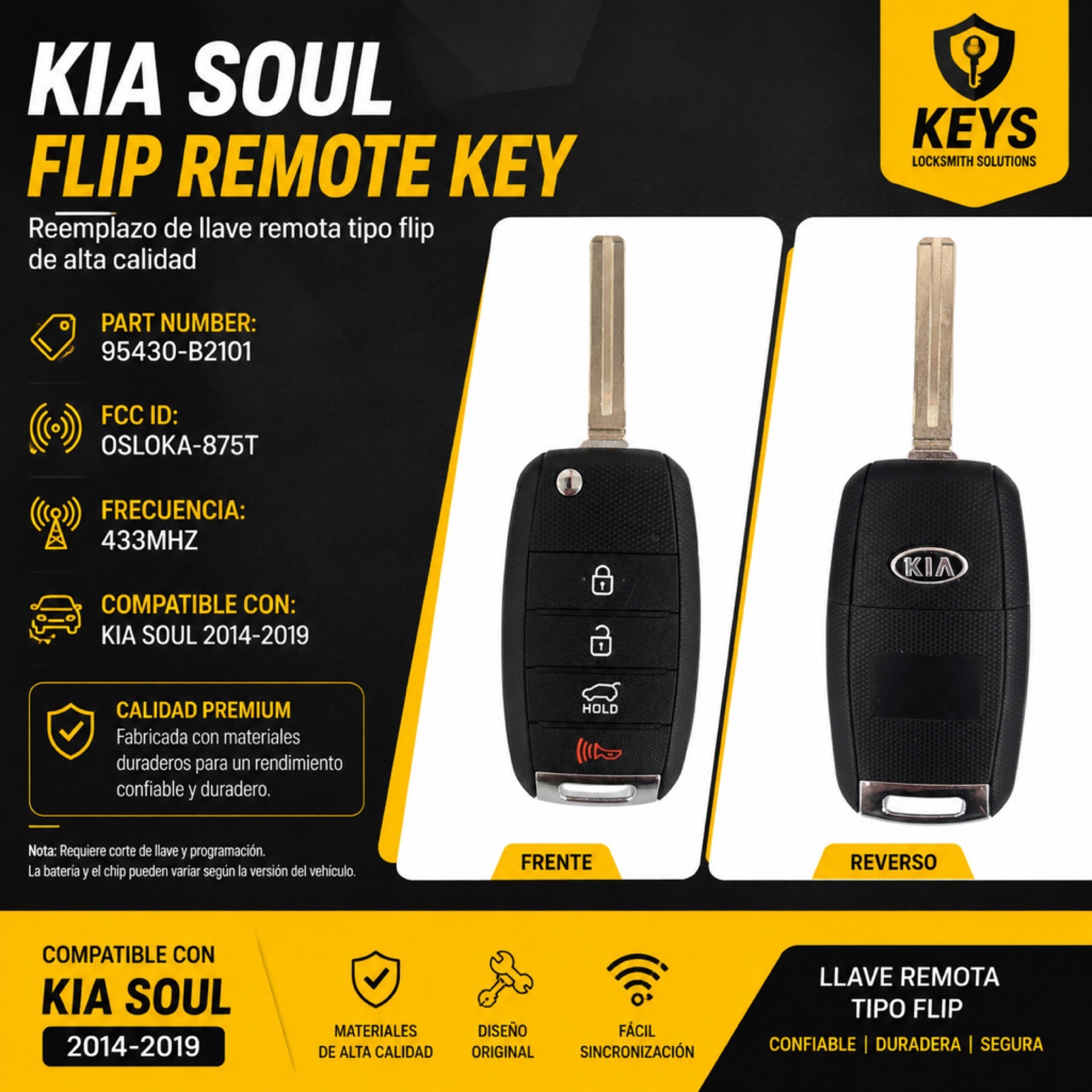 Kia Soul 3-Button Flip Key OSLOKA-875T