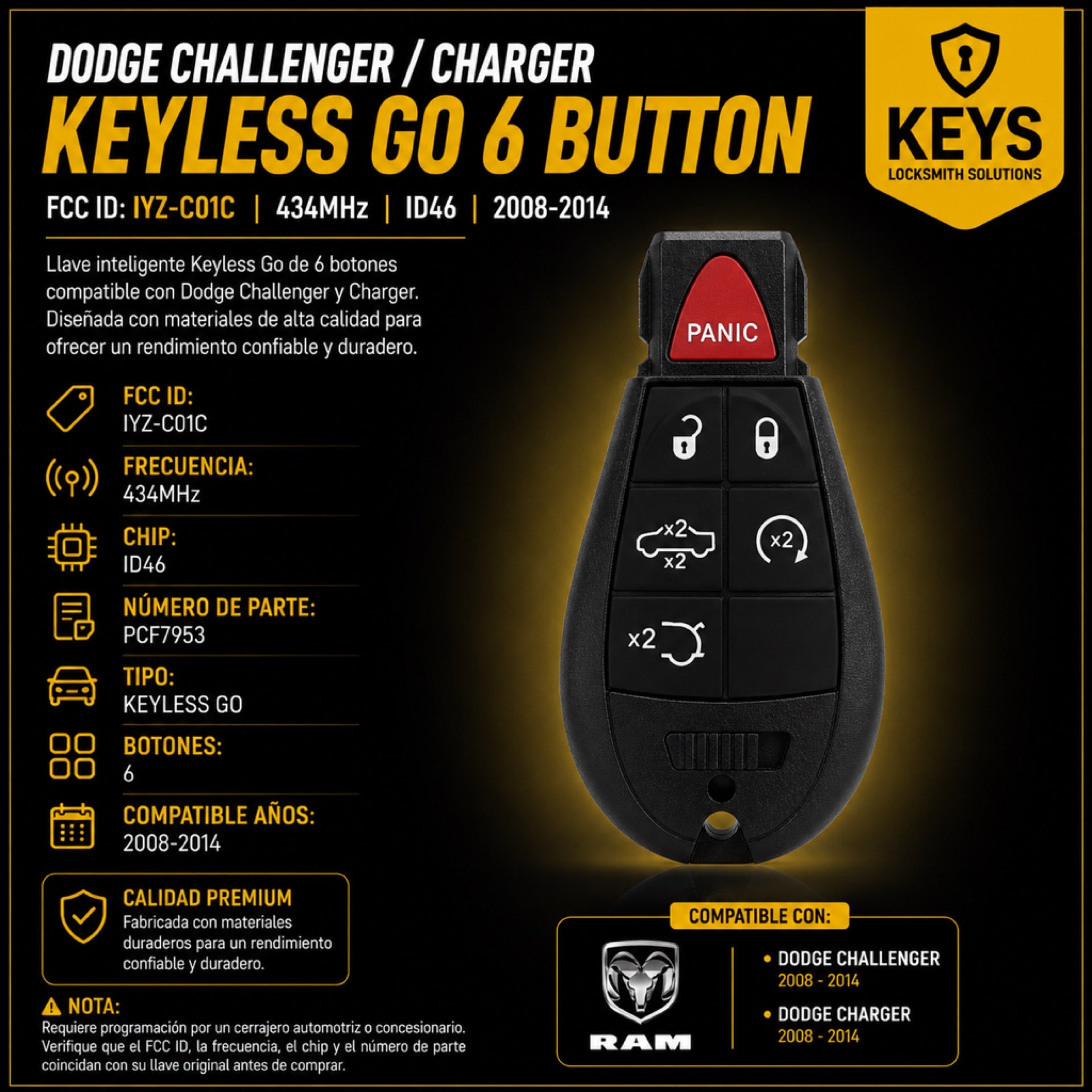 Dodge Challenger Charger 6-Button FOBIK IYZ-C01C